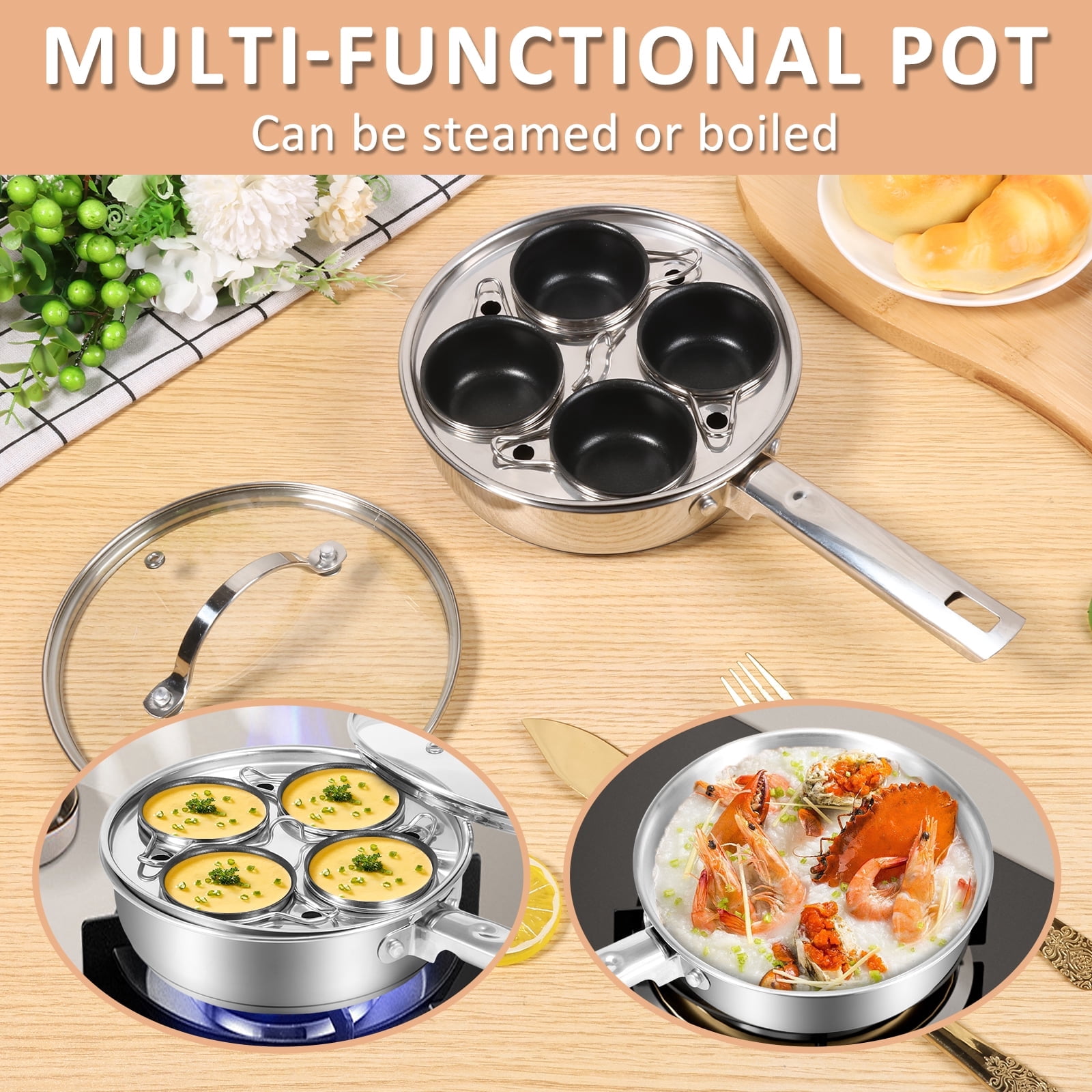 FUYGRCJ Egg Poacher Pan, Stainless Steel Poached Egg Cooker, Perfect Poached Egg Maker Pan, Induction Cooktop Egg Poachers Cookware Set, Stovetop Egg Poacher Set with 4 Nonstick Egg Poacher Cups