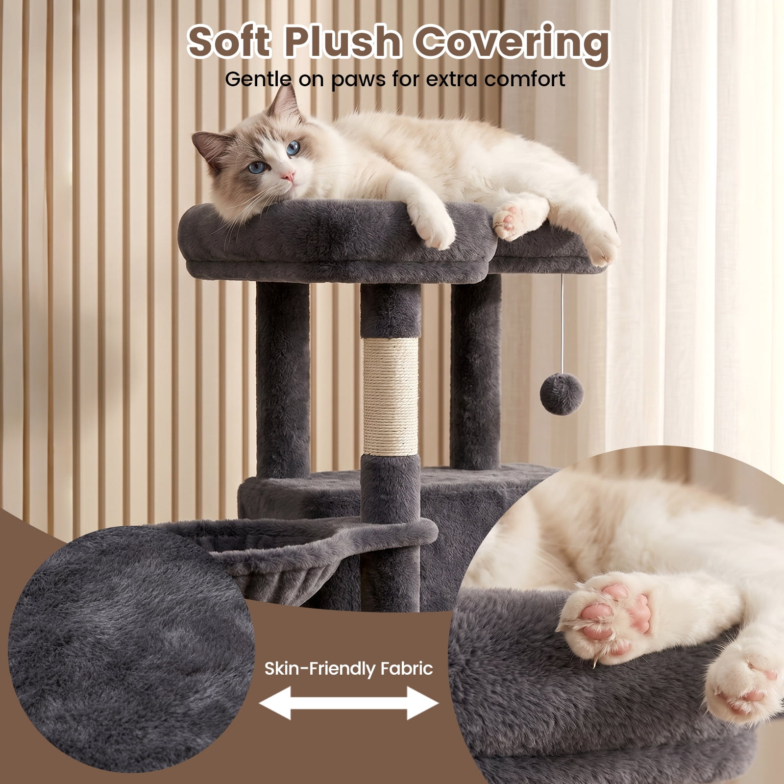 CATGOOD 81" Cat Tower, Big Cat Tree for Multiple Adult Cats, Multi-Level Tall Cat Tree with 2 Platforms, 2 Condos, 2 Hanging Basket, Hammock and Scratching Post for Indoor Kitties, Light Grey