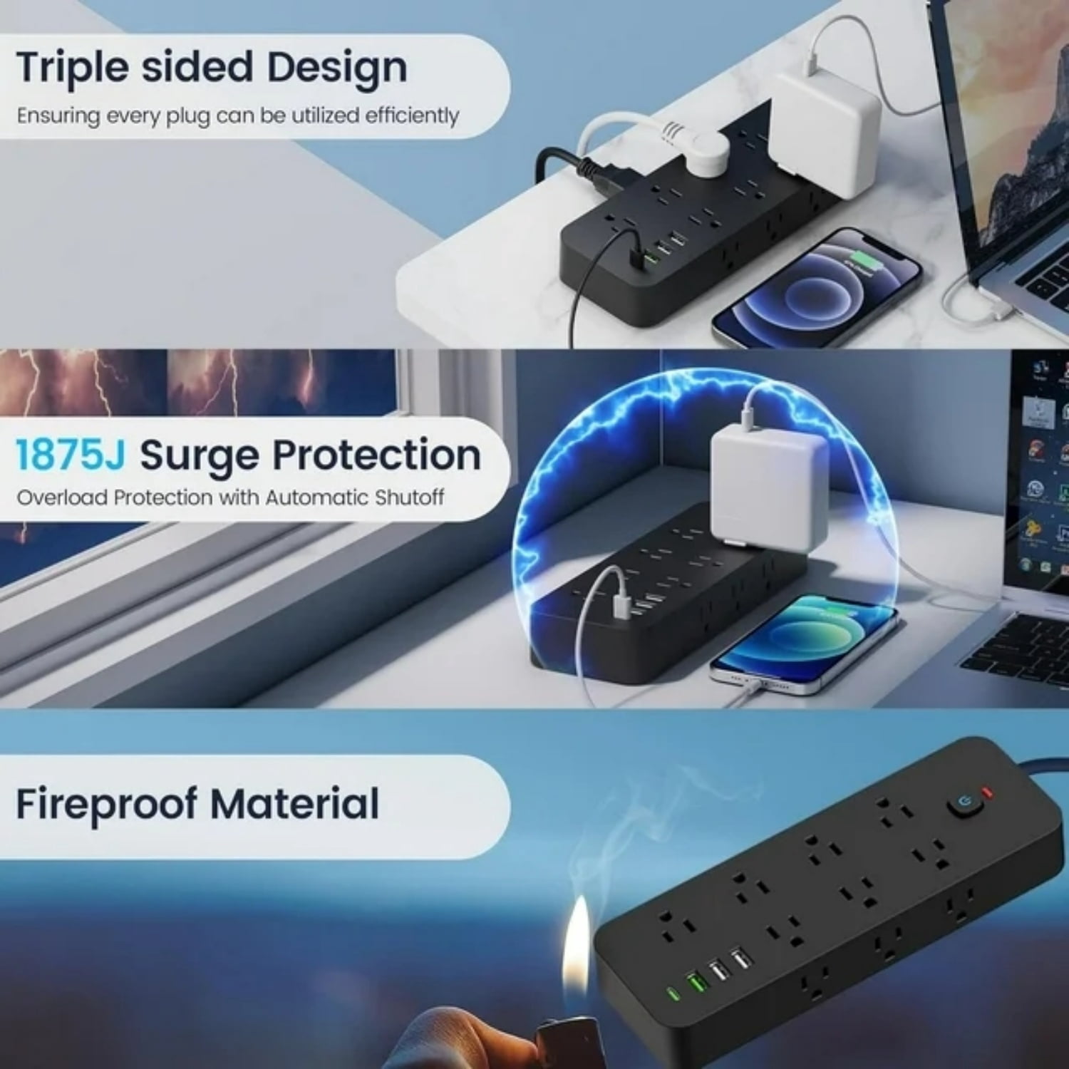 BEISHINK Surge Protector Extension Cable Power Board with Multiple Plug ins and USB Ports, Black