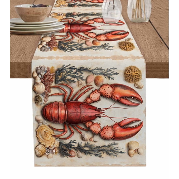 Coastal Lobster Table Runner 72 Inches, Beach Coral Shell Nautical Retro Bed Runner Dresser Scarves Tabletop for Indoor Outdoor Parties/Ceremony/Banquet, 16" x 72"