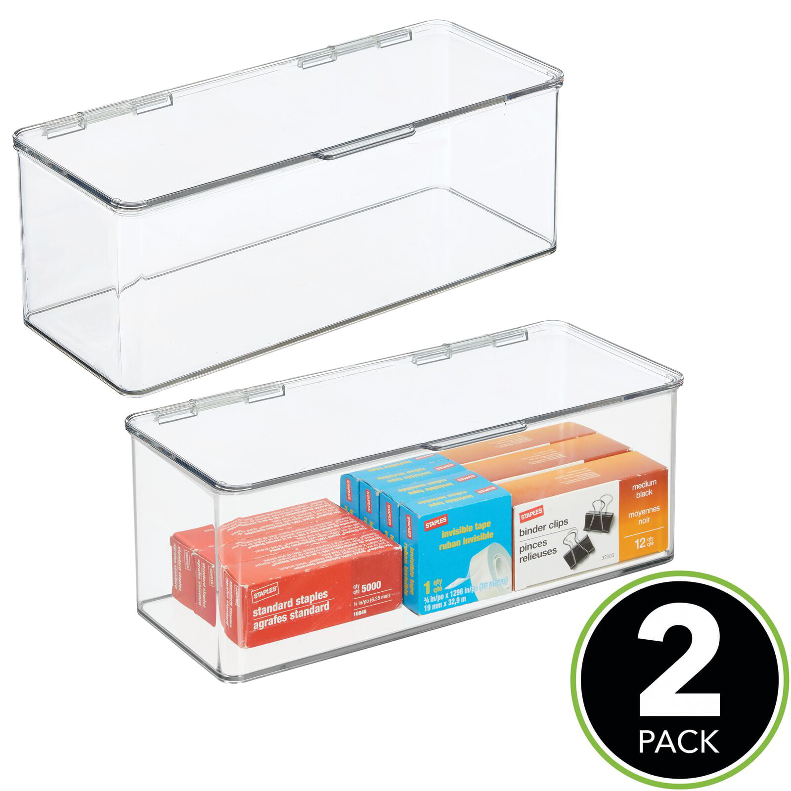 Staples mDesign Plastic Stackable Home Gel Pens Dry Erase Markers Includes 32 Labels Clear Tape 2 Pack Office Supplies Storage Organizer Box with Hinged Lid 7 Inches Tall for Note Pads 