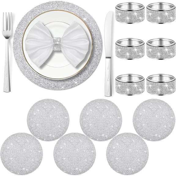 12 Pcs Crushed Diamond Silver Napkin Rings Rhinestone Placemats Set Napkin Rings Holder Silver Crushed Rhinestone Placemats 13 x 13'' for Wedding Party Dinner Table Decoration (Stylish Style)