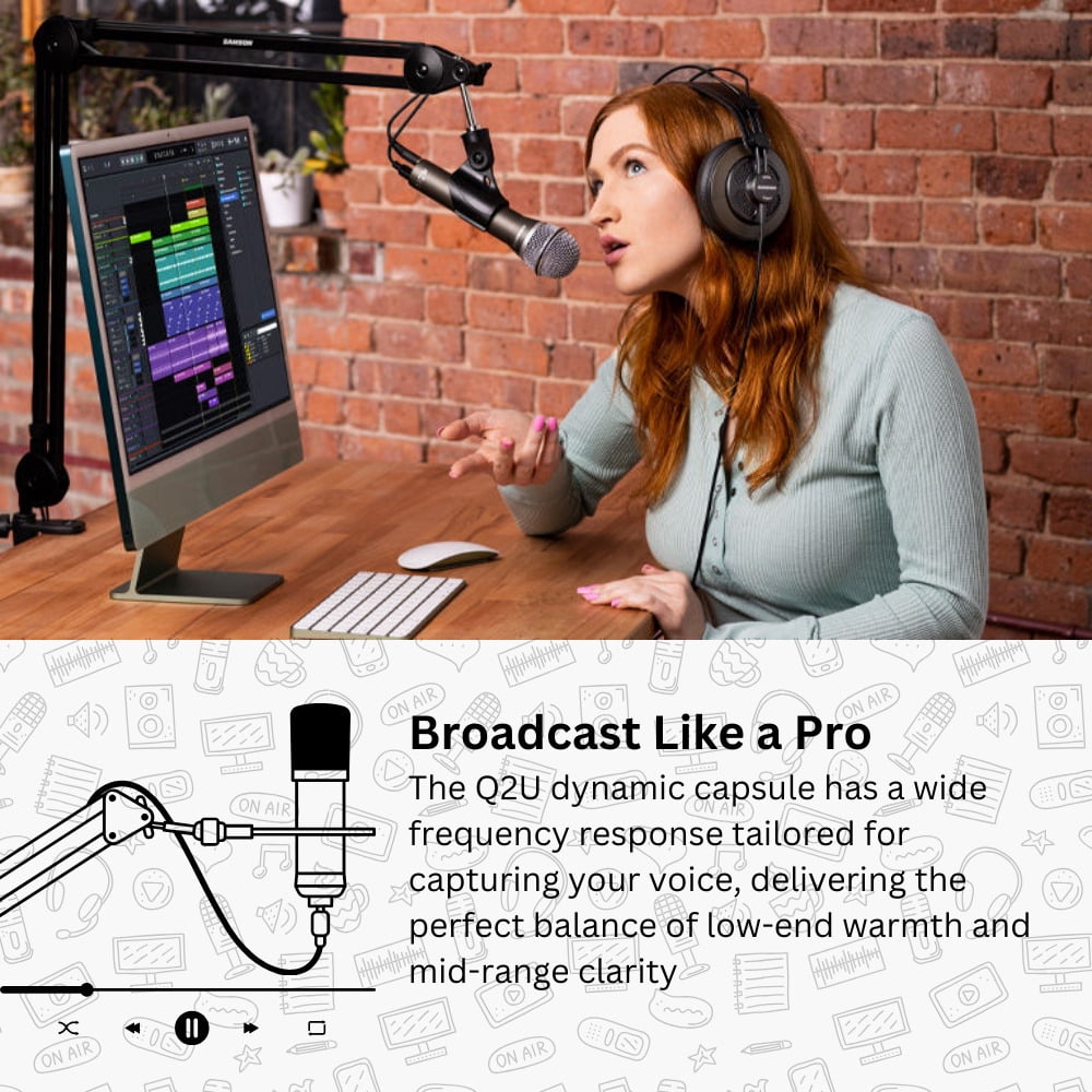Samson Q2U USB and XLR Handheld Dynamic Microphone with Cardioid Polar Pattern (Pink) Bundle with Focus Pro Audio TX-100 Studio Monitor Headphones (Black), and Knox Gear Pop Filter (3 Items)