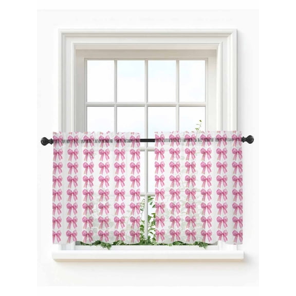 Pink Bow Ribbon Tier Curtains 24 Inch Length,Sheer Curtains for Bedroom Living Room Window Bowknot Bow Tie Aesthetics Minimalist Small Half Window Kitchen Curtains & Drapes 27.5"x24" 2 Panels