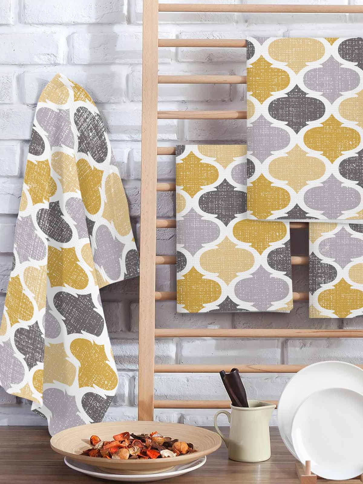 Moroccan Kitchen Dish Towels for Drying Dishes Set of 2, Vintage Moroccan Texture Yellow Grey Waffle Weave Microfiber Hand Tea Bathroom Towels Quick Dry & Absorbent Towel 15.7x23.6