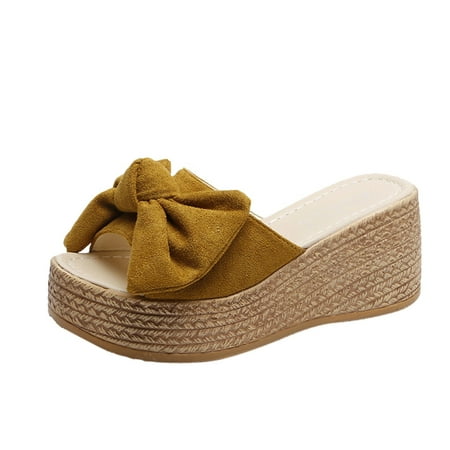 

Slippers for Women Womens Fashion Wedges Open Toe Butterfly-Knot Beach Shoes Roman Slippers Sandals Womens Slippers Pu Yellow 38