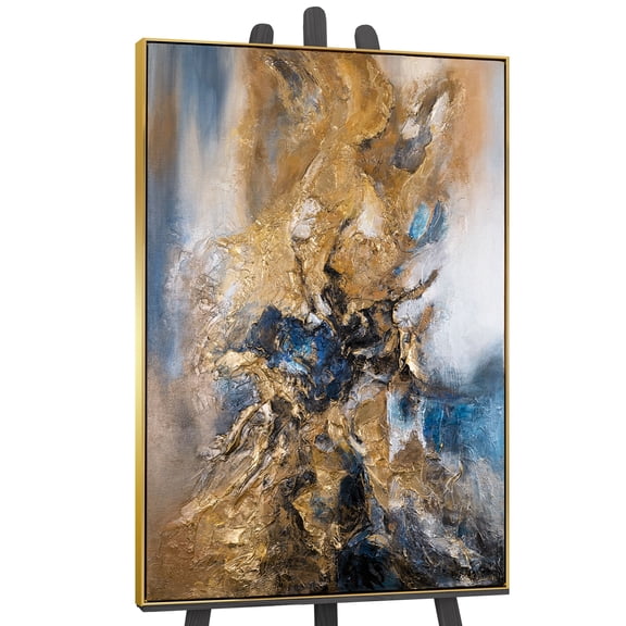 YS-Art Starlight Large Hand-Painted Abstract Canvas Wall Art with Gold Frame, Modern Painting for Home Decor, 48x32 in