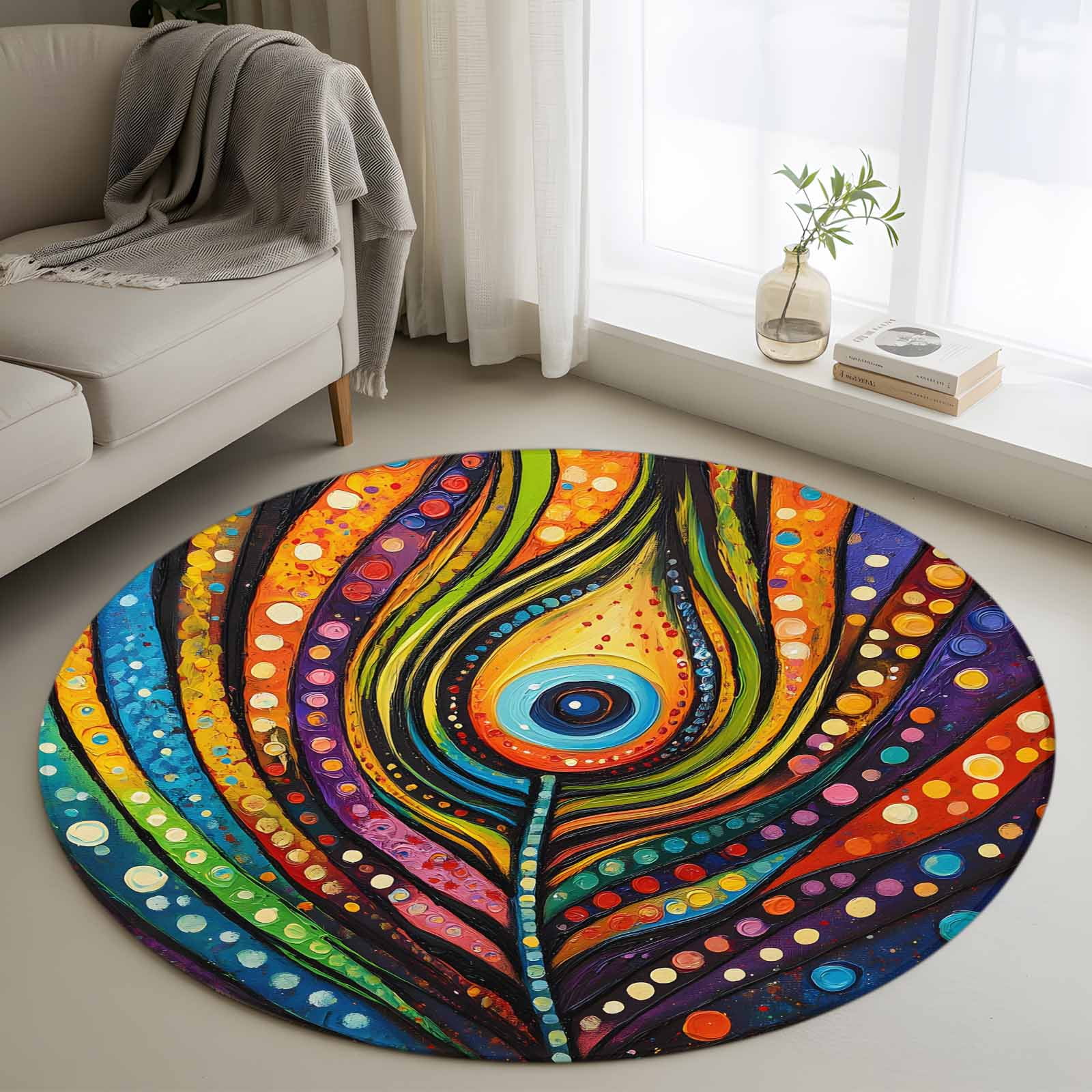 Colorful Peacock Round Area Rugs 3 ft Boho Abstract Feathers Washable Small Area Rug with Non-Slip Sturdy Edge Binding Round Front Door Mat Floor Carpet for Entryway