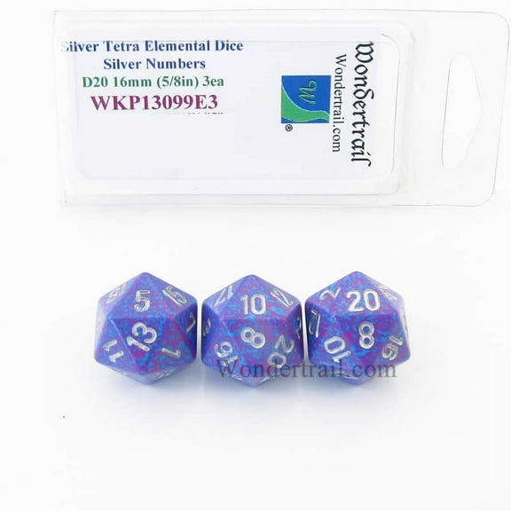 Silver Tetra Elemental Dice with Silver Numbers 16mm (5/8in) D20 Pack of 3 Wondertrail