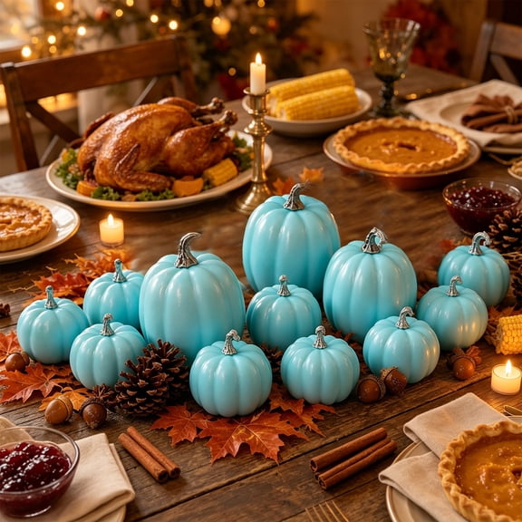 Halloween Savings Light Blue Artificial Fake Pumpkins Decor Assorted Sizes Foam Pumpkin Ornament Harvests Thanksgiving Tabletop and FarmhouseRustic Arrangement Supply Halloween Decor indoor Outdoor