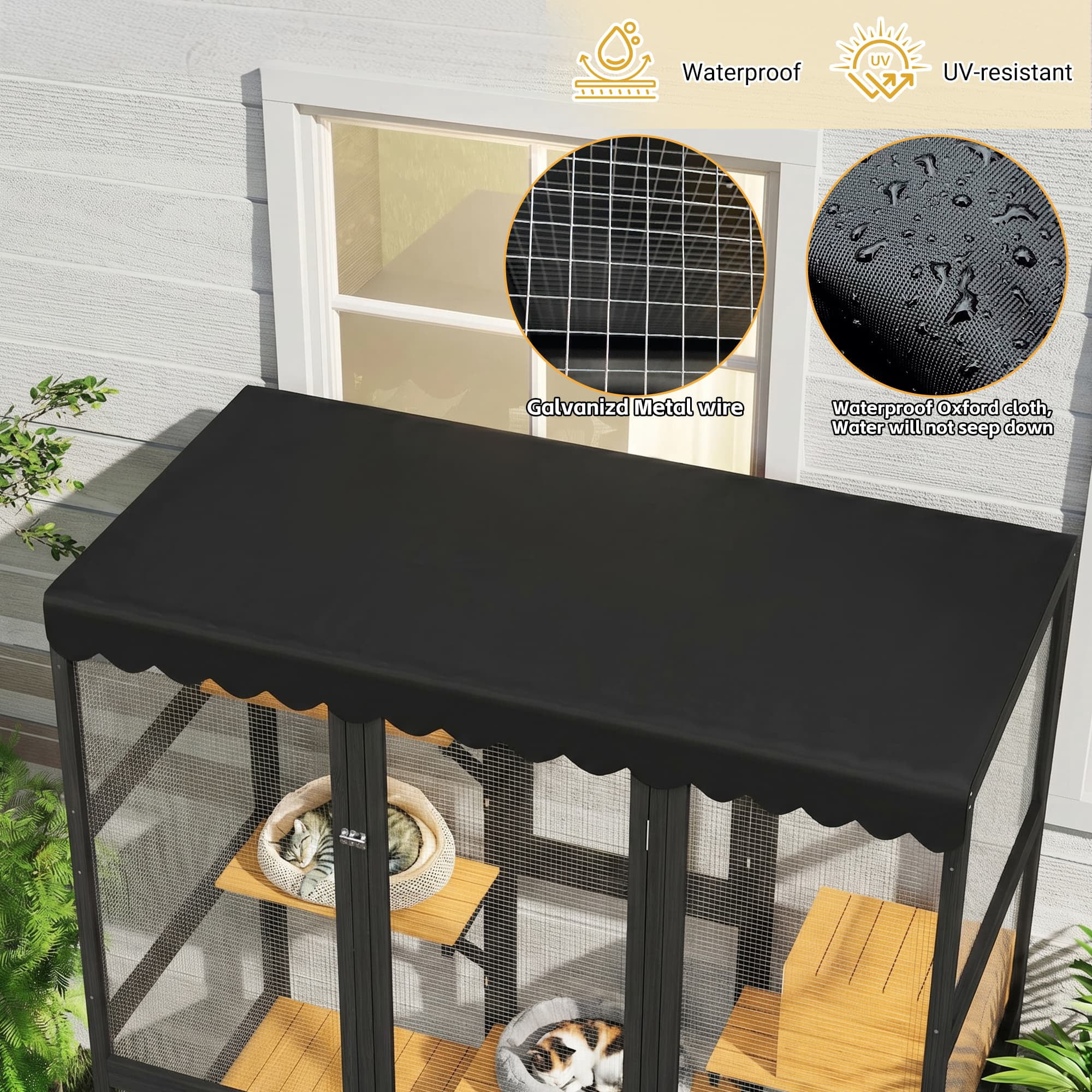 GYSIBAPO Large Wooden Catio Outdoor Cat Enclosure, Walk-in Cat House with 2 Condos, 5 Platforms, 4 Doors & Weatherproof Roof