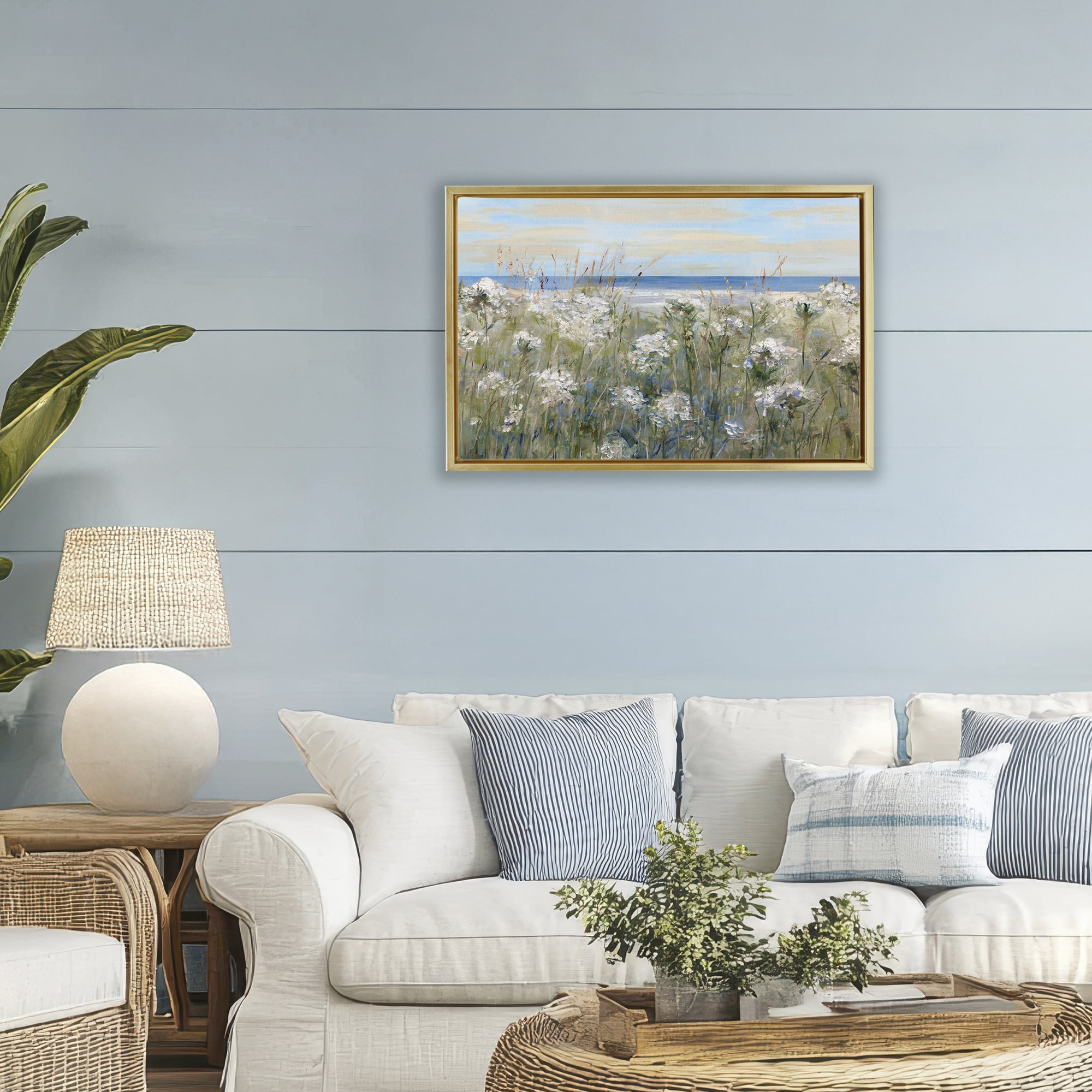 Stupell Industries Impressionist Seaside Meadow Gold Framed Floater Canvas Wall Art, design by Sally Swatland