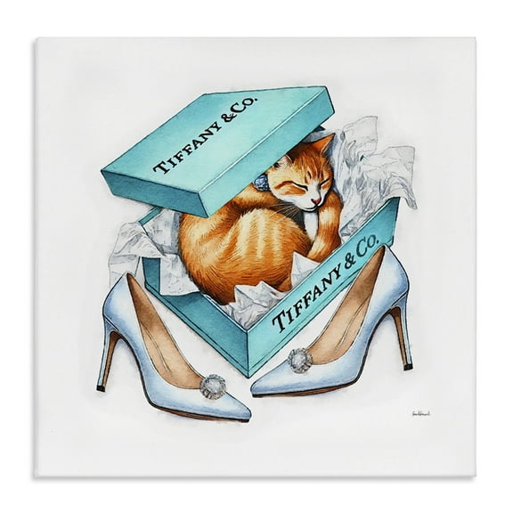 Stupell Industries Blue Shoebox with Cat Animals Painting Wrapped Canvas Art Print Wall Art, 17 x 17
