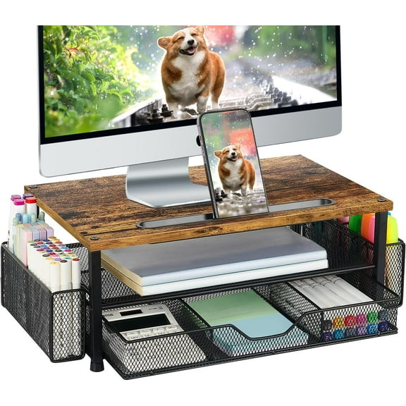 Wood Desk Organizers and Accessories, 2-Tier Computer Monitor Stand with Drawer, Pen Storage & Tablet Phone Holder, Office Desk Accessories, Workspace Desktop Organization for Office Supplies（Brown）