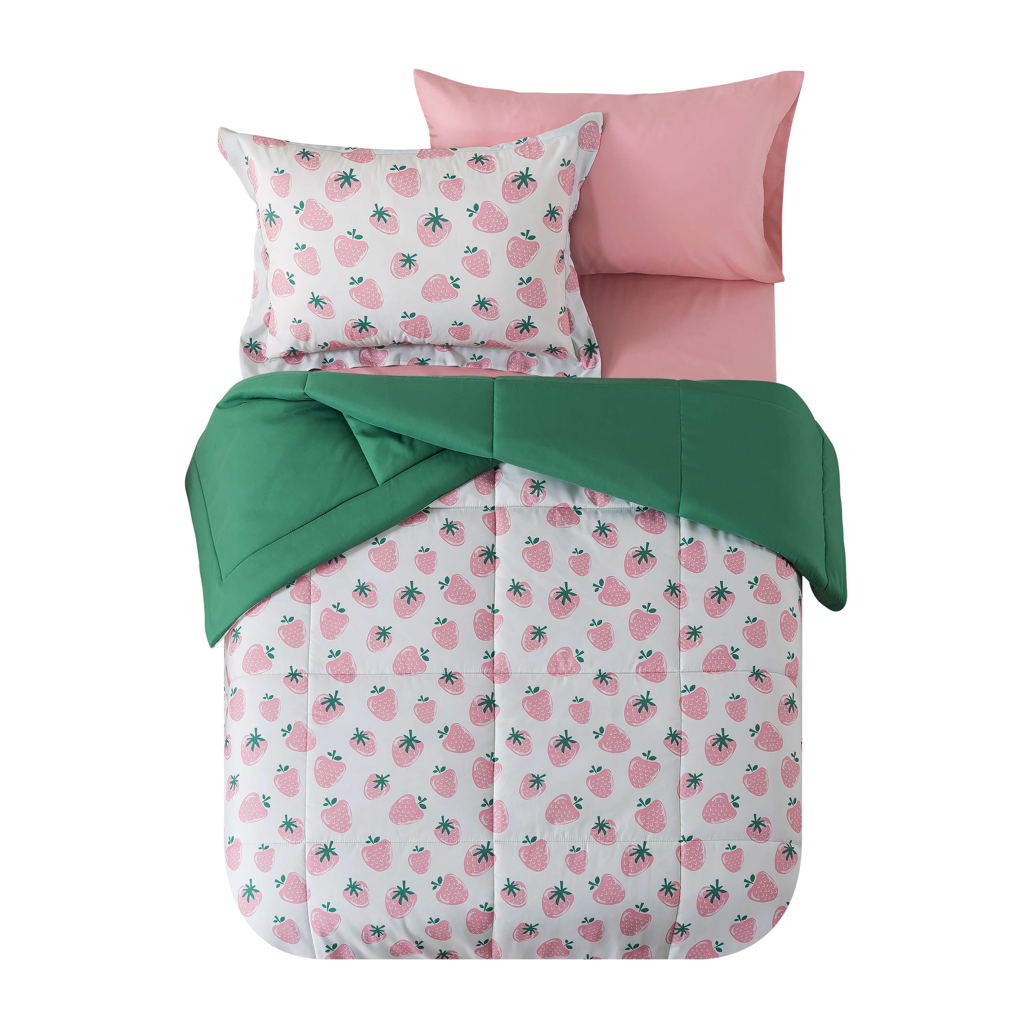 Mainstays 5-Piece Reversible Bed in a Bag with Laundry Tote, Strawberry, Twin-XL