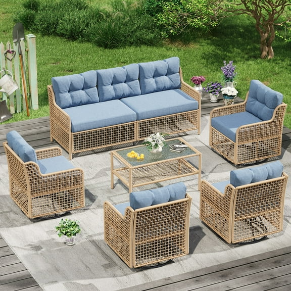 UDPATIO Patio Conversation Set, Rattan Wicker Furniture, 6 Piece Outdoor Sectional Set with Coffee Table & All-Weather Wicker, Navy Blue