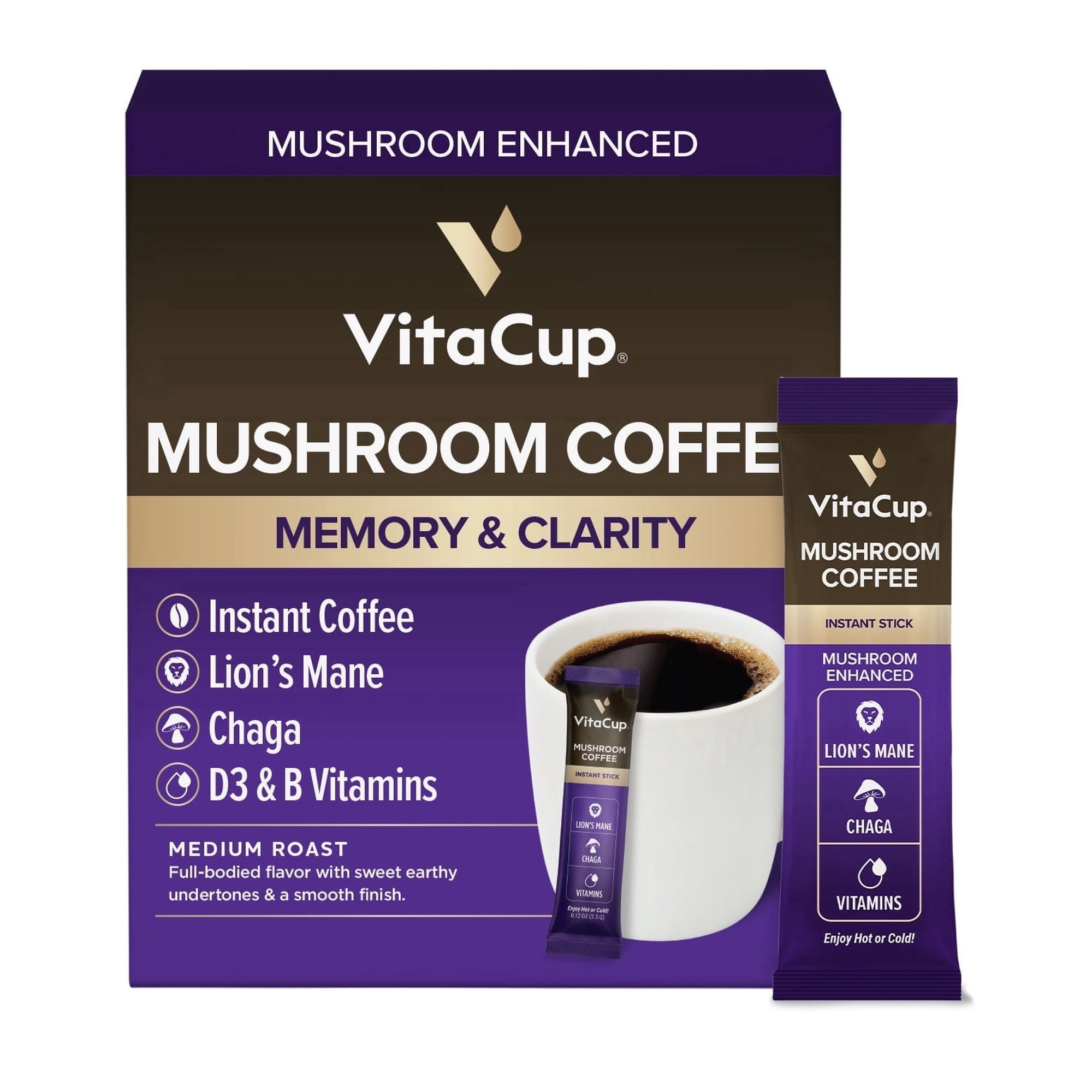 VitaCup Mushroom Coffee Instant Packets, w/ Fiber, Chaga, Lion?s Mane, 24 Ct