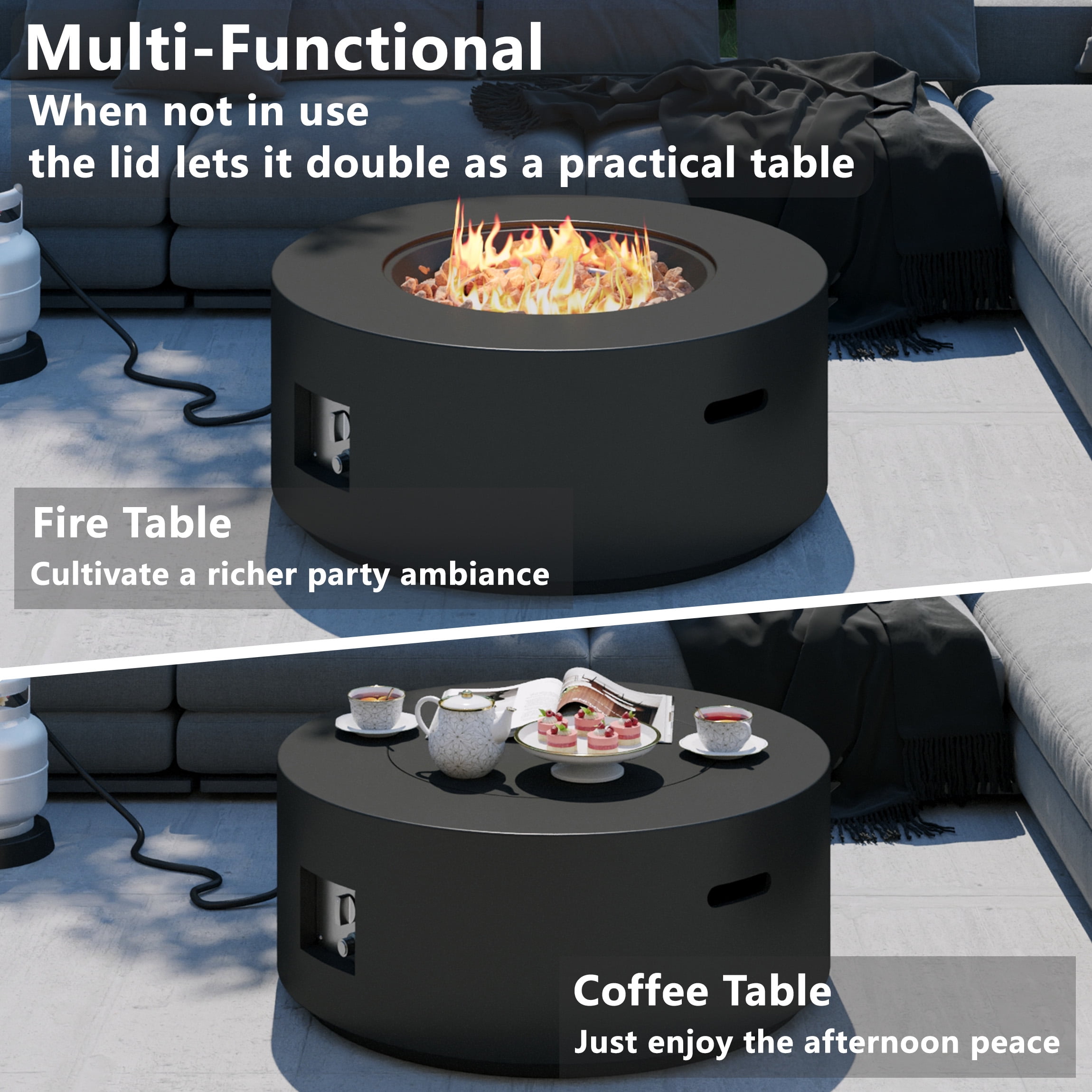 Wakeyard 32.5 inch Round Propane Fire Pit Table, 50000 BTU, Includes Lava Rock,Black