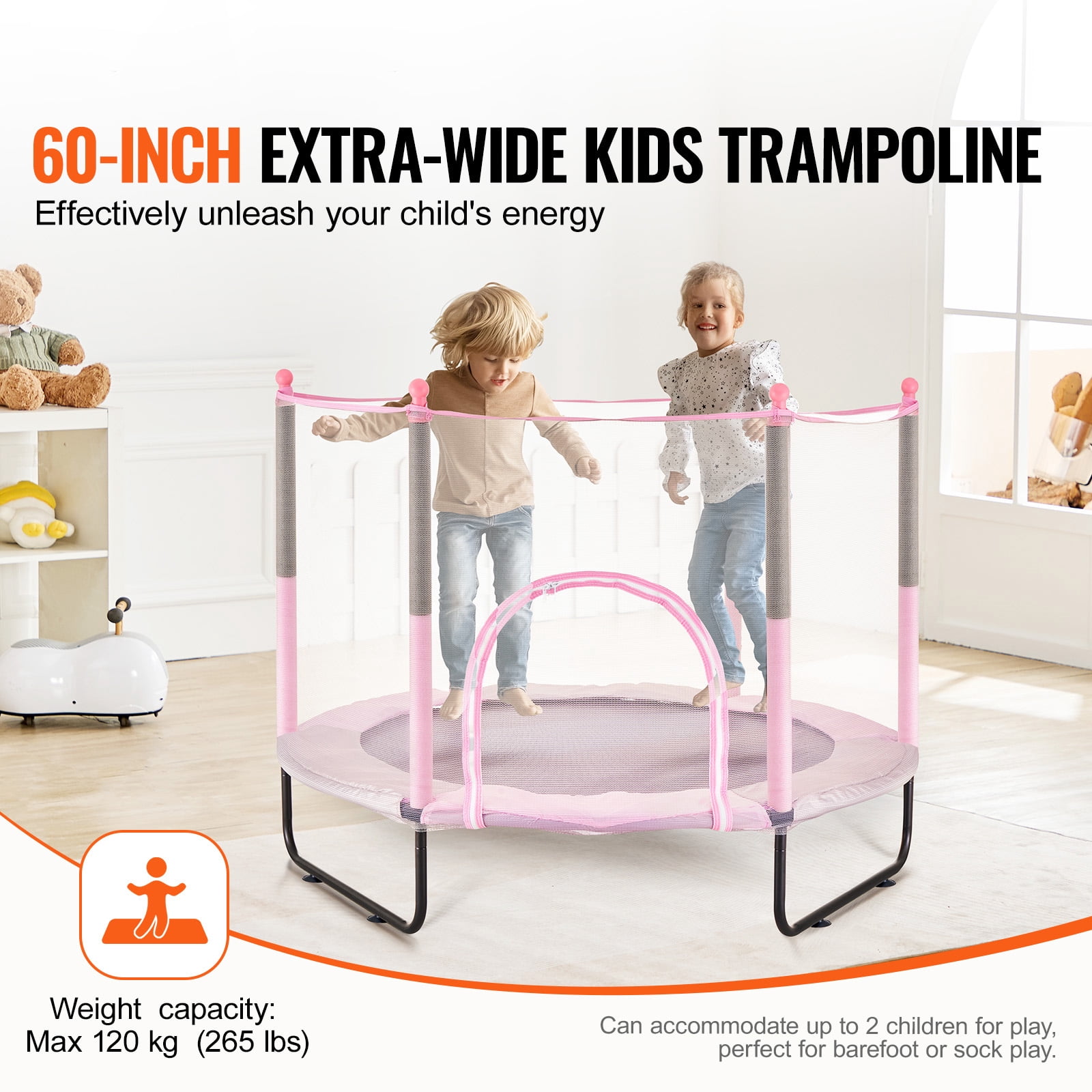 KFFKFF 60" Children's Trampoline, 5FT Trampoline for Indoor and Outdoor Use, Compact Trampoline for Toddlers with Protective Netting and Basketball Hoop