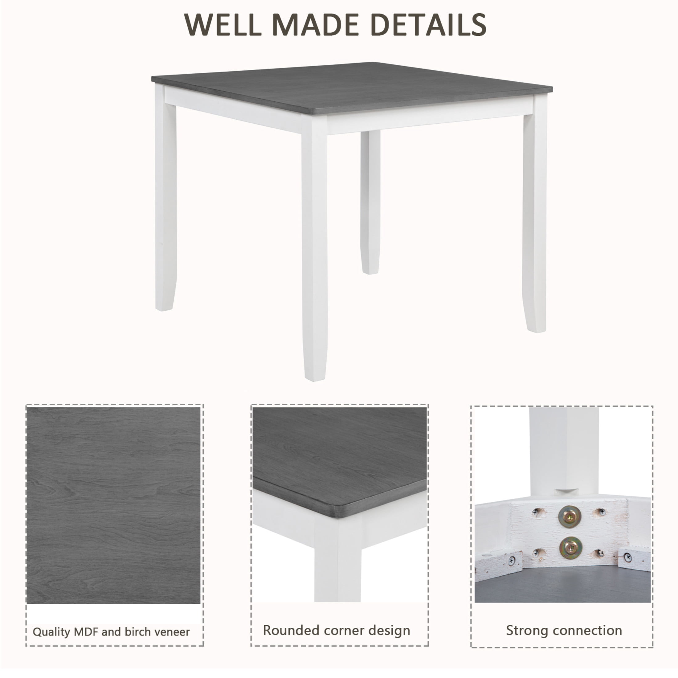 Noble House Modern Square Wooden Dining Table Set for 4 with X-Back Upholstered Chairs, Gray+White