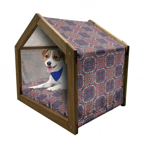 Ethnic Pet House, Tibetan Geometric Arrangement Floral Pattern East Folklore Illustration, Outdoor & Indoor Portable Dog Kennel with Pillow and Cover, 5 Sizes, Multicolor, by Ambesonne