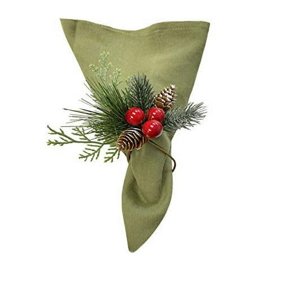 Christmas Collection Napkin Rings - Cloth Napkin Holder For Table Setting, Evergreen Snowy Pinecone Napkin Rings with Berries & Decor to Match Holiday Dinner Dining Table Top - Set of 6