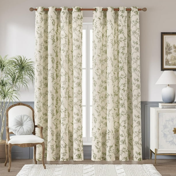 Cortinas de lino floral Jinchan 214x213 cm con mariposas en verde salvia