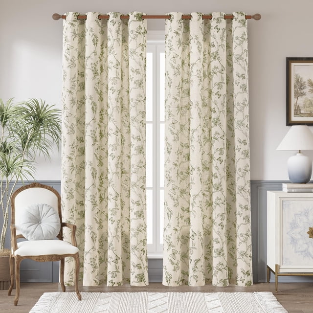 Cortinas de lino floral Jinchan 214x213 cm con mariposas en verde salvia