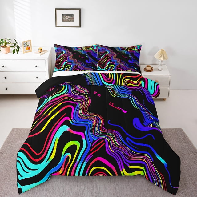 Abstract Wavy Line Toddler Bedding Set Rainbow Gradient Spiral Down Comforter For Kids Adults,Colorful Geometry Swirls Comforter Set Marble Grain Duvet Insert Room Decor