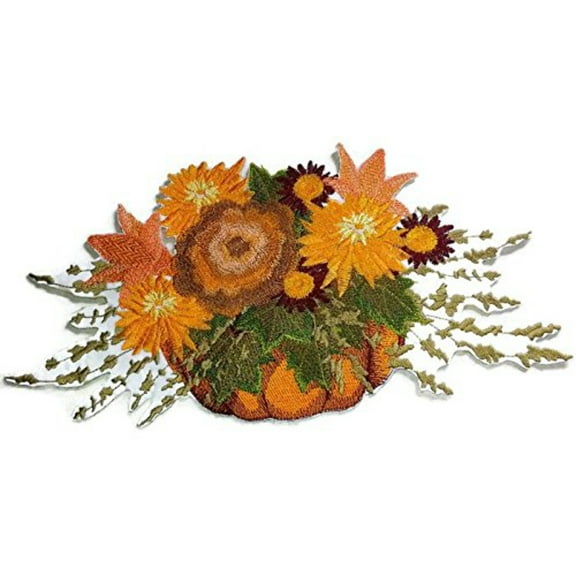 Pumpkin Floral Spray Embroidered Iron on/Sew patch [9.98" X 5.16"]