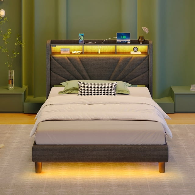 Greenstell Upholstered Twin Bed Frame with Storage Headboard, Charging station, LED, Easy Assembly, Dark Grey