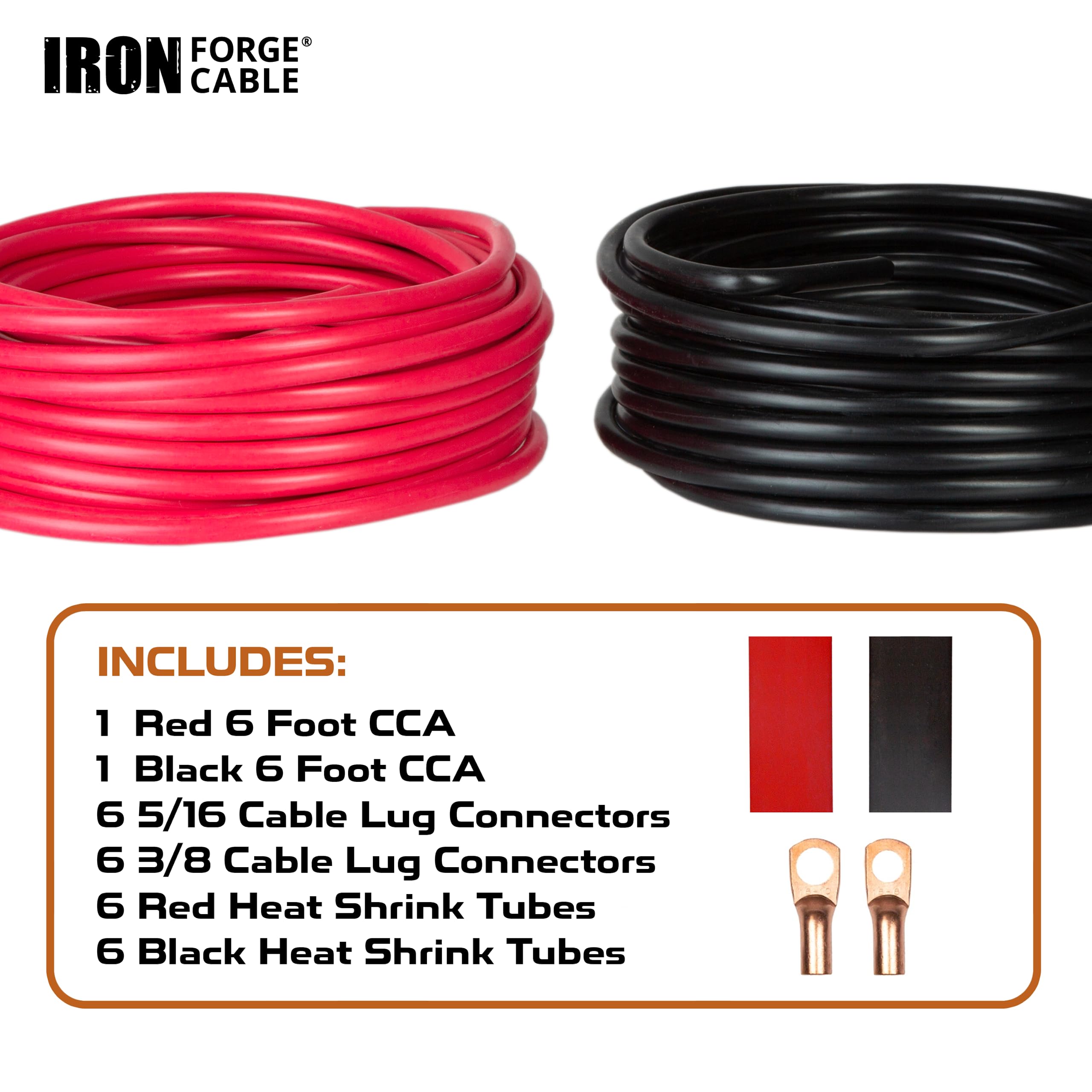 Iron Forge Cable 6 Gauge Wire - 2 Pack 6ft Copper Clad Aluminum Primary Cable 6 AWG Heavy Duty with Wire Lug Terminal Connectors and Heat Shrink Tube