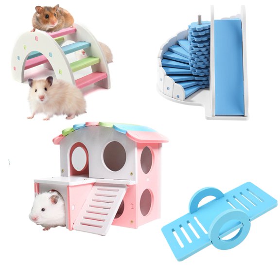 Bobasndm 4 Pcs Fun Guinea Pig Hamster Toy Set Include Hamster House, Hamster House with Funny Climbing Ladder,Rainbow Bridge, Mini Seesaw Hamster Toy for Small Hamsters