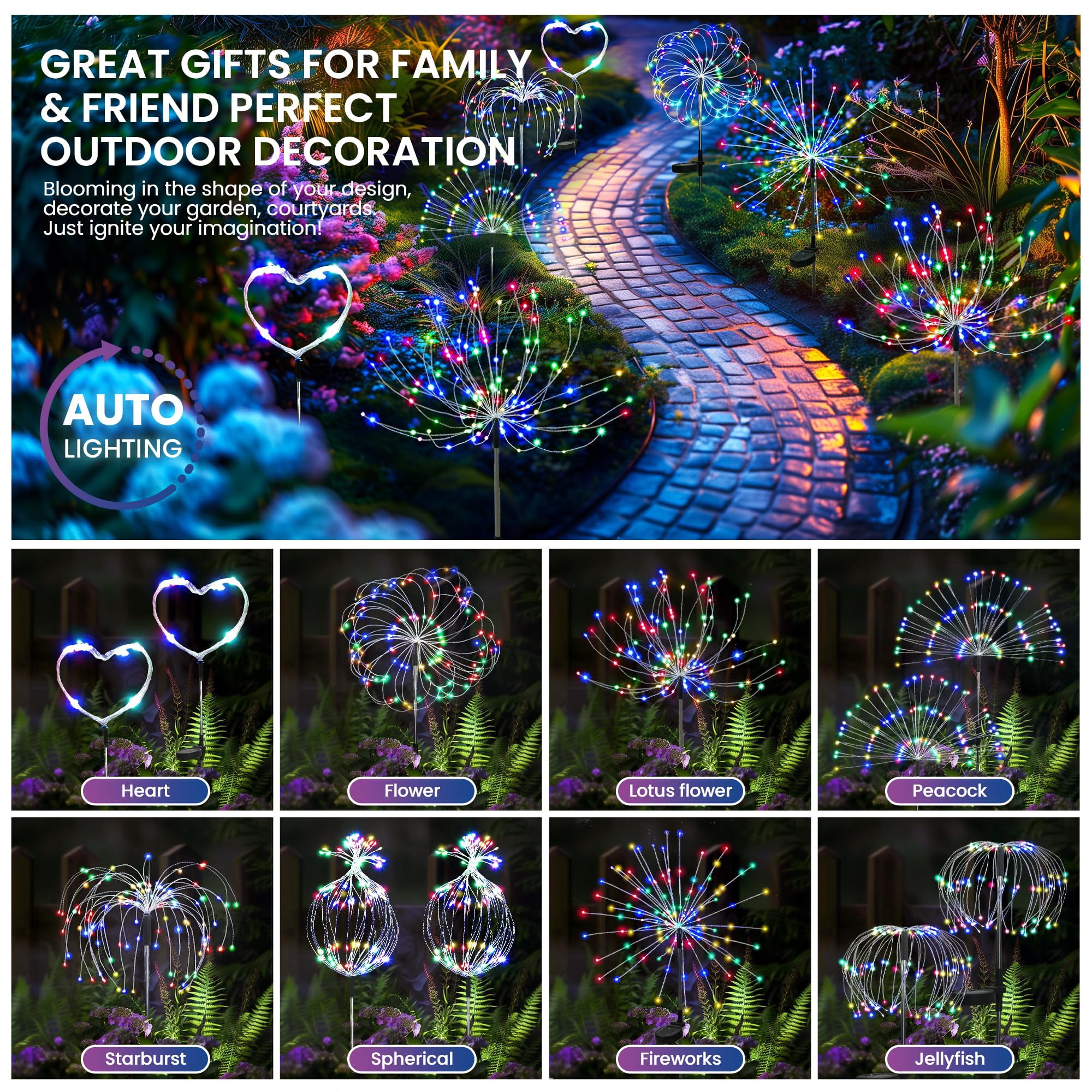 Garden Decor Solar Lights Outdoor,4Pack 120LED Waterproof Colorful Solar Garden Lights Outdoor Decoration,Yard, Patio, Porch,Flower Pot,Pathway,Christmas