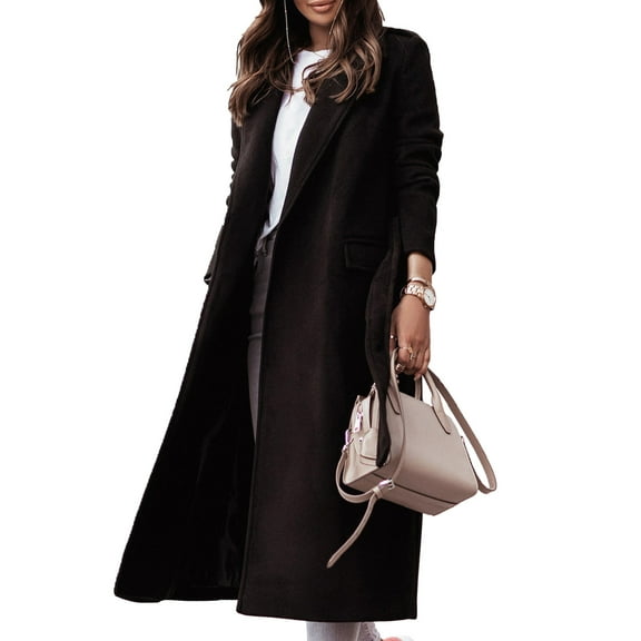 YONGHS Women Trench Coat Long Sleeve Lapel Winter Overcoat Mid-Long Belted Slim Outerwear Coat Black L