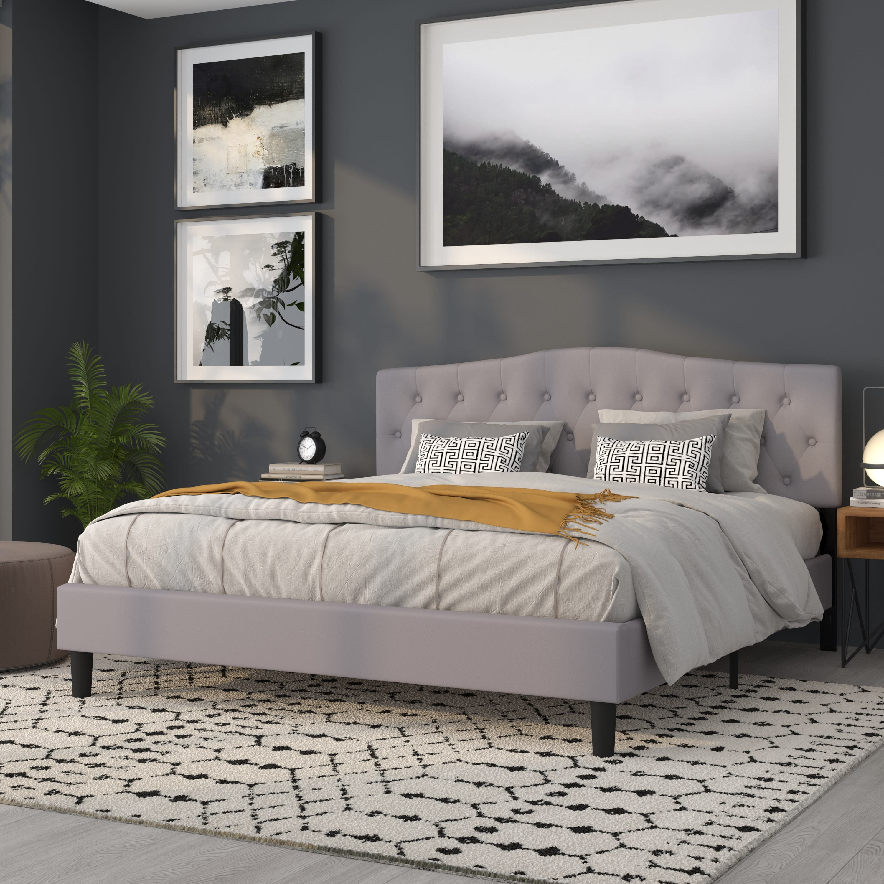 BizChair Arched Button Tufted Upholstered King Size Headboard in Light Gray Fabric
