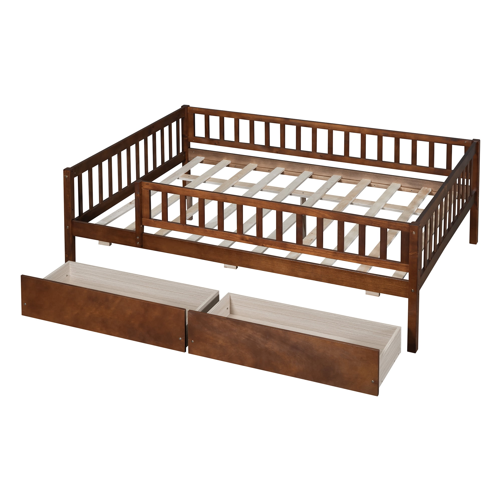 Bellemave Full Daybed with Storage and Fence, Wooden Full Size Platform Bed with Rails and 2 Drawers, Low Loft Bed Frame for Teens (Natural)