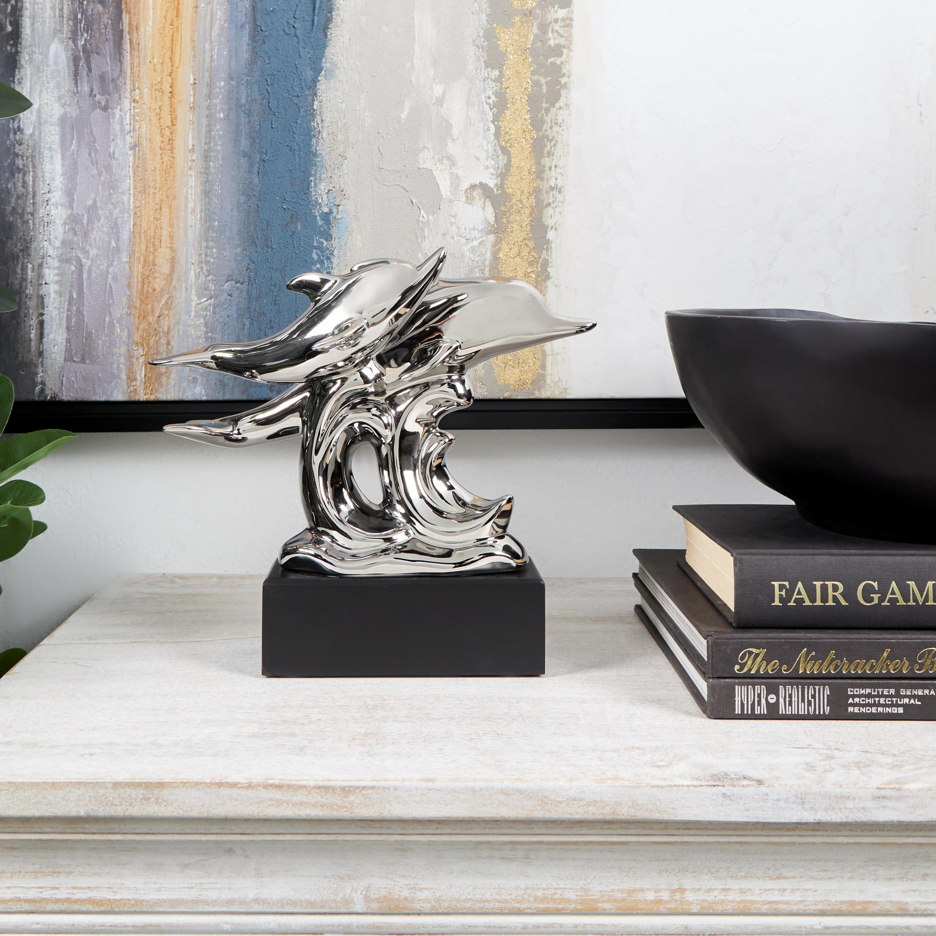 10" x 9" Silver Ceramic Dolphin Sculpture with Black Block Base, by DecMode
