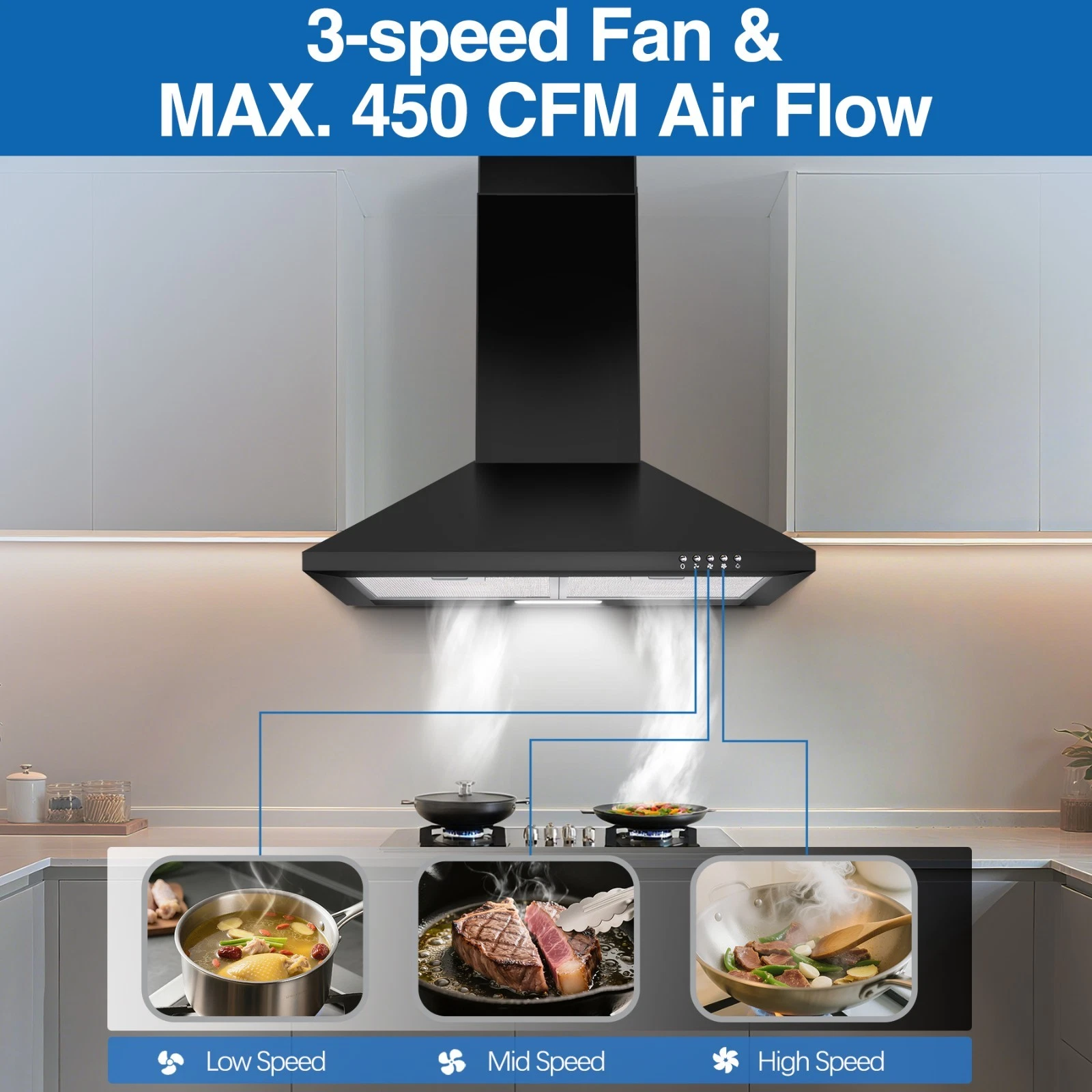 Range Hood 24 inch Range Hood Stainless Steel Oven Vent Hood,Wall Mount Kitchen Hood,Ducted/Ductless Chimney-Style Kitchen Exhaust Hood with Push Button Control,Stove Vent Hood with 3-speed Fan