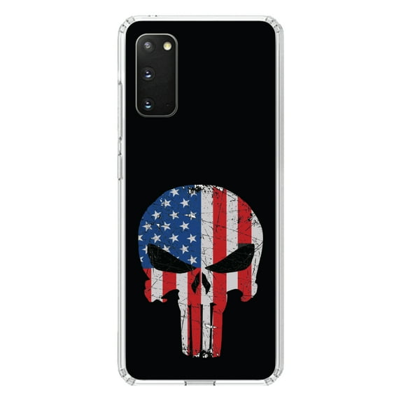 DistinctInk Clear Shockproof Hybrid Case for Galaxy S20 / S20 5G (6.2" Screen) - TPU Bumper, Acrylic Back, Tempered Glass Screen Protector - US Flag Skull Red White & Blue