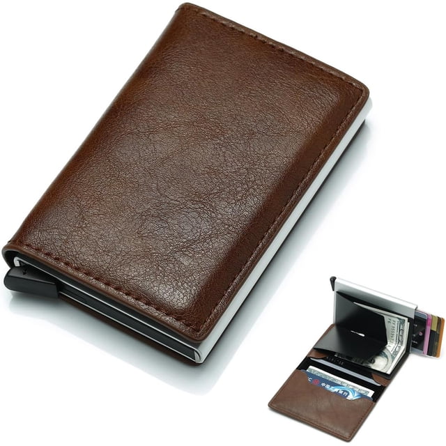 Cartera delgada para hombres - Cartera minimalista con bloqueo RFID para tarjetas de crédito comerciales con bolsillo para dinero Estuche para tarjetas de metal (marrón)