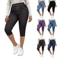 thumbnail image 2 of ShiShine Womens Faux Denim Capri Pants Plus Size Pull On Capris Casual Elastic Waisted Leggings High Waist Seamless Trouser, 2 of 9