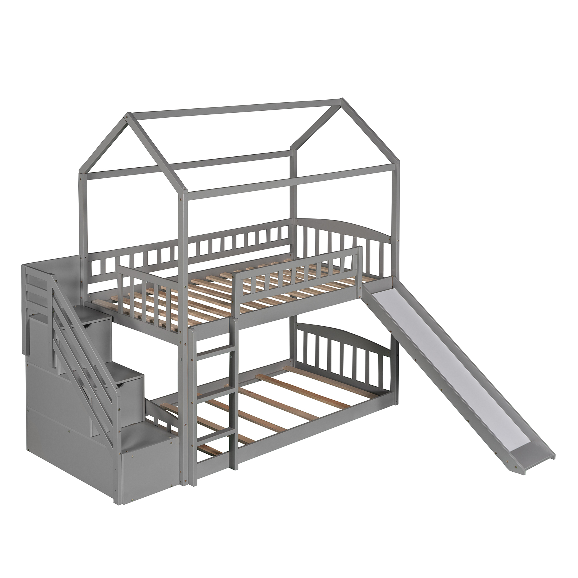 House Bunk Bed with Slide and Drawers for Toddler Kid, Twin over Twin