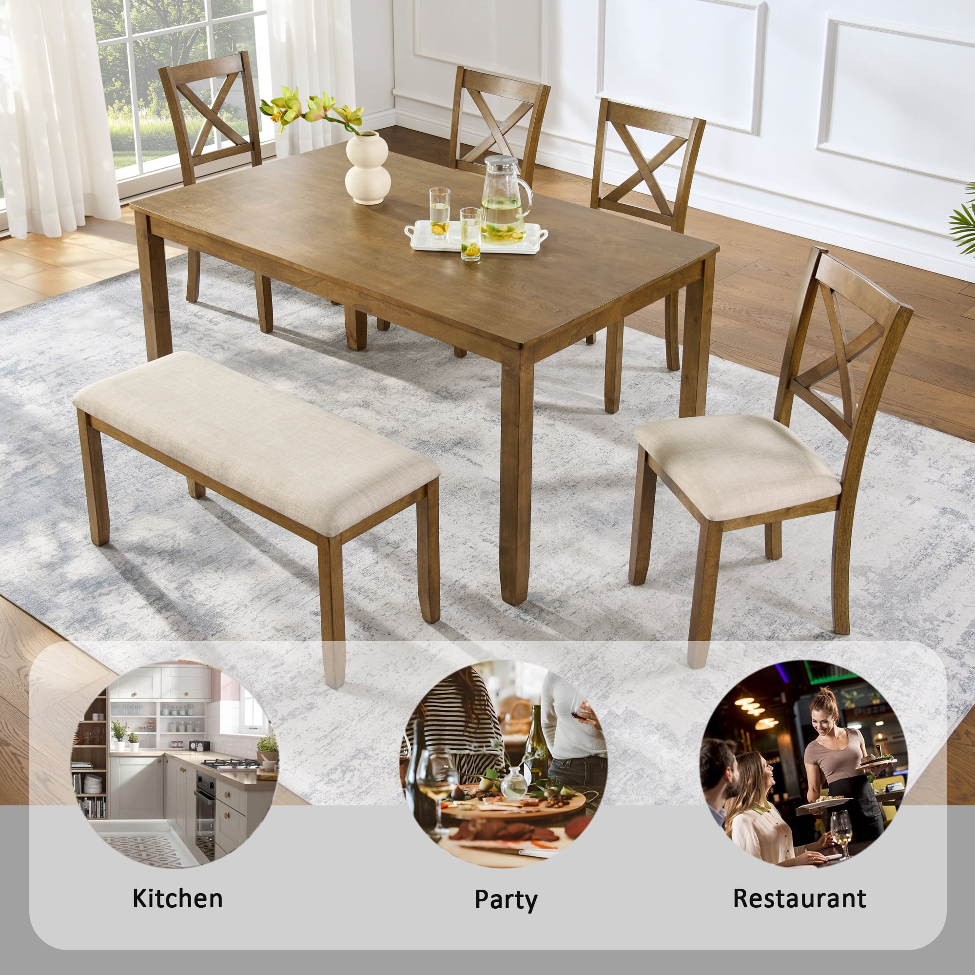 6-Piece Dining Table Set for 6, 58.5" Wood Rectangular Kitchen Table with 4 Chairs & Bench