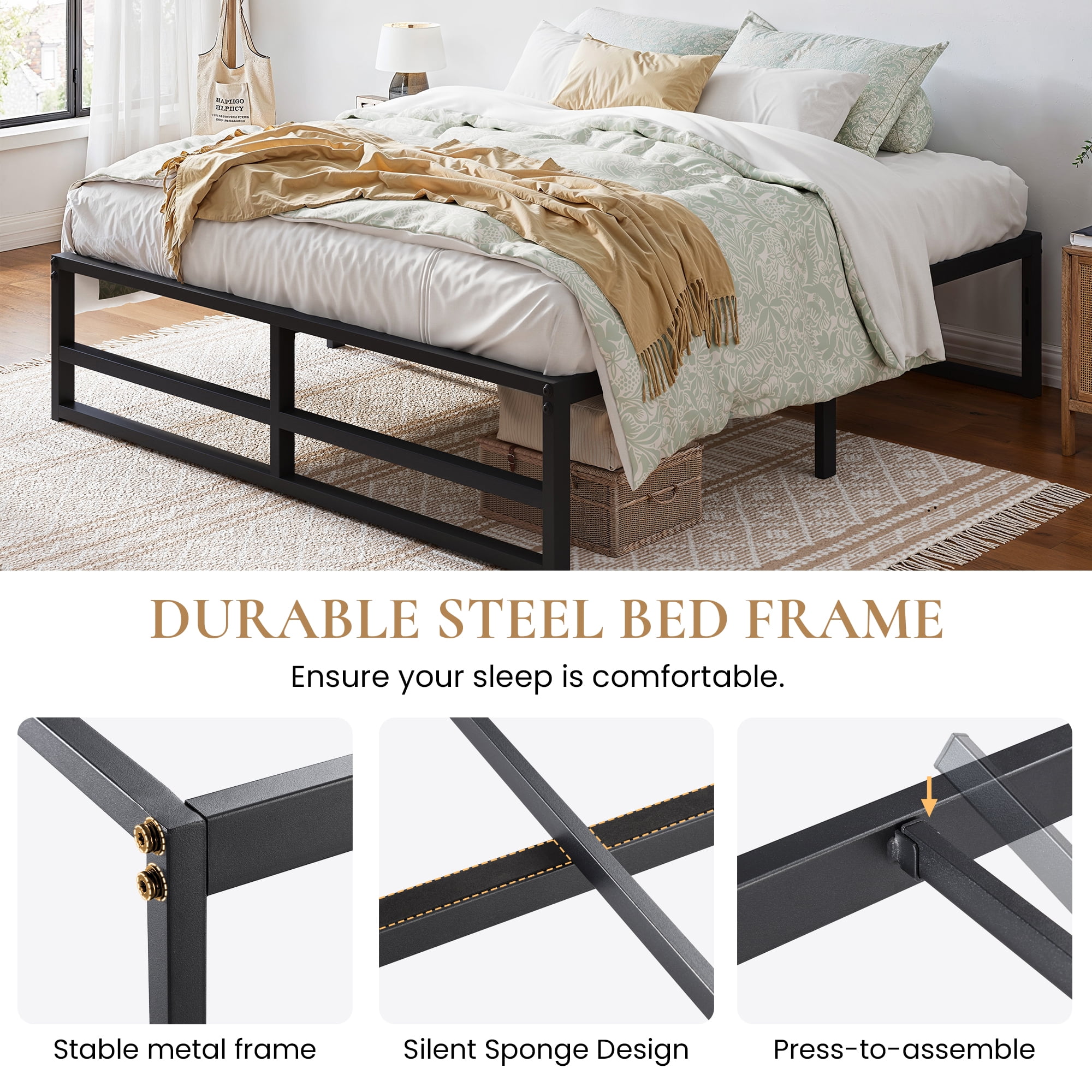SHA CERLIN Queen Size Metal Platform Bed Frame with 14'' Extra Under-bed Storage Space, No Box Spring Needed, Easy Assembly, Black