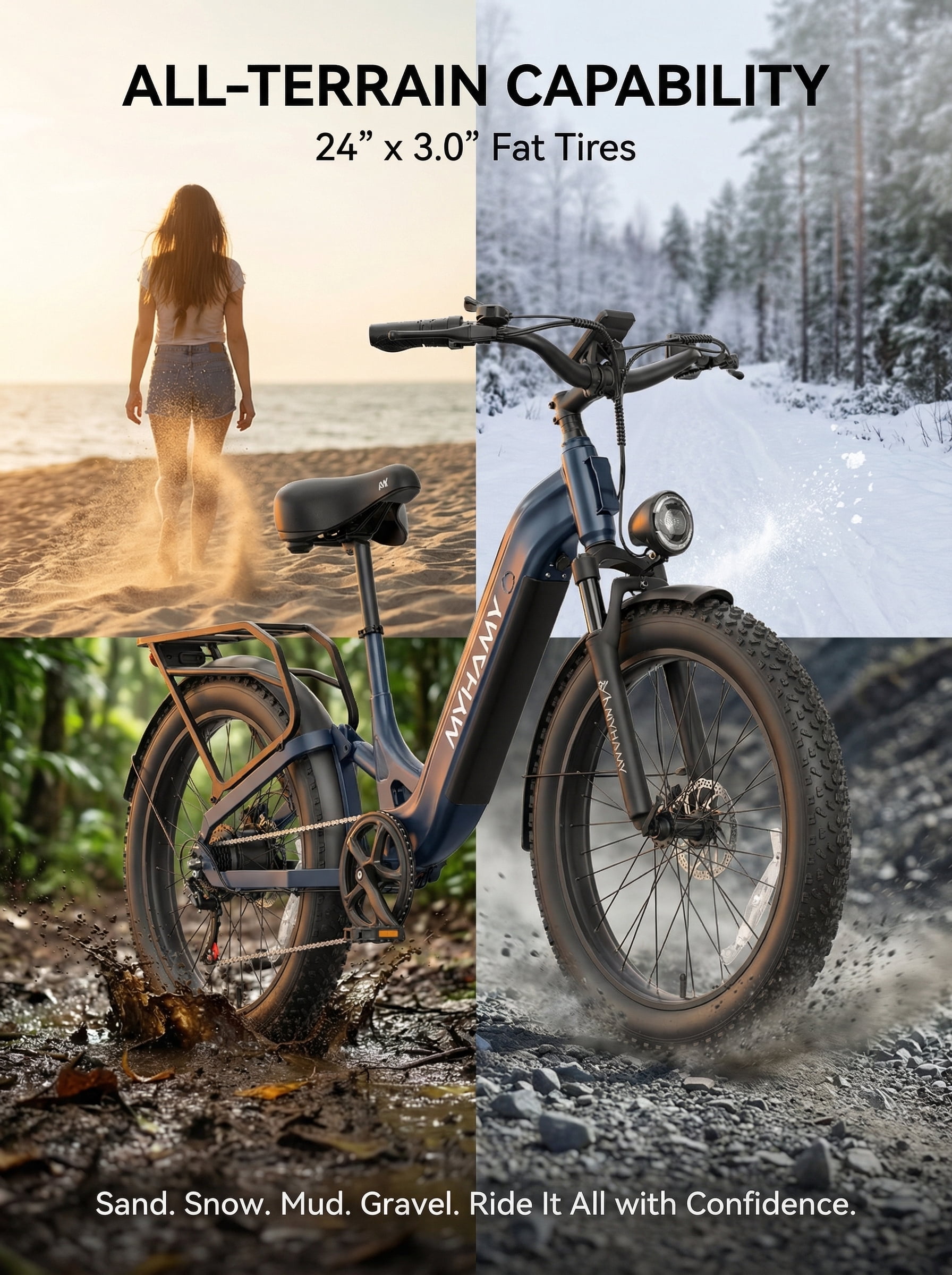 2000W Peak Electric Fat Tire Bike for Adults, 28MPH Ebike, 48V 18Ah Battery, 80 Miles Max Range, 24"x3.0" All-Terrain E-Bike for Snow/Sand/Off-Road, Full Suspension, 7-Speed, 11" Extra-Wide Seat