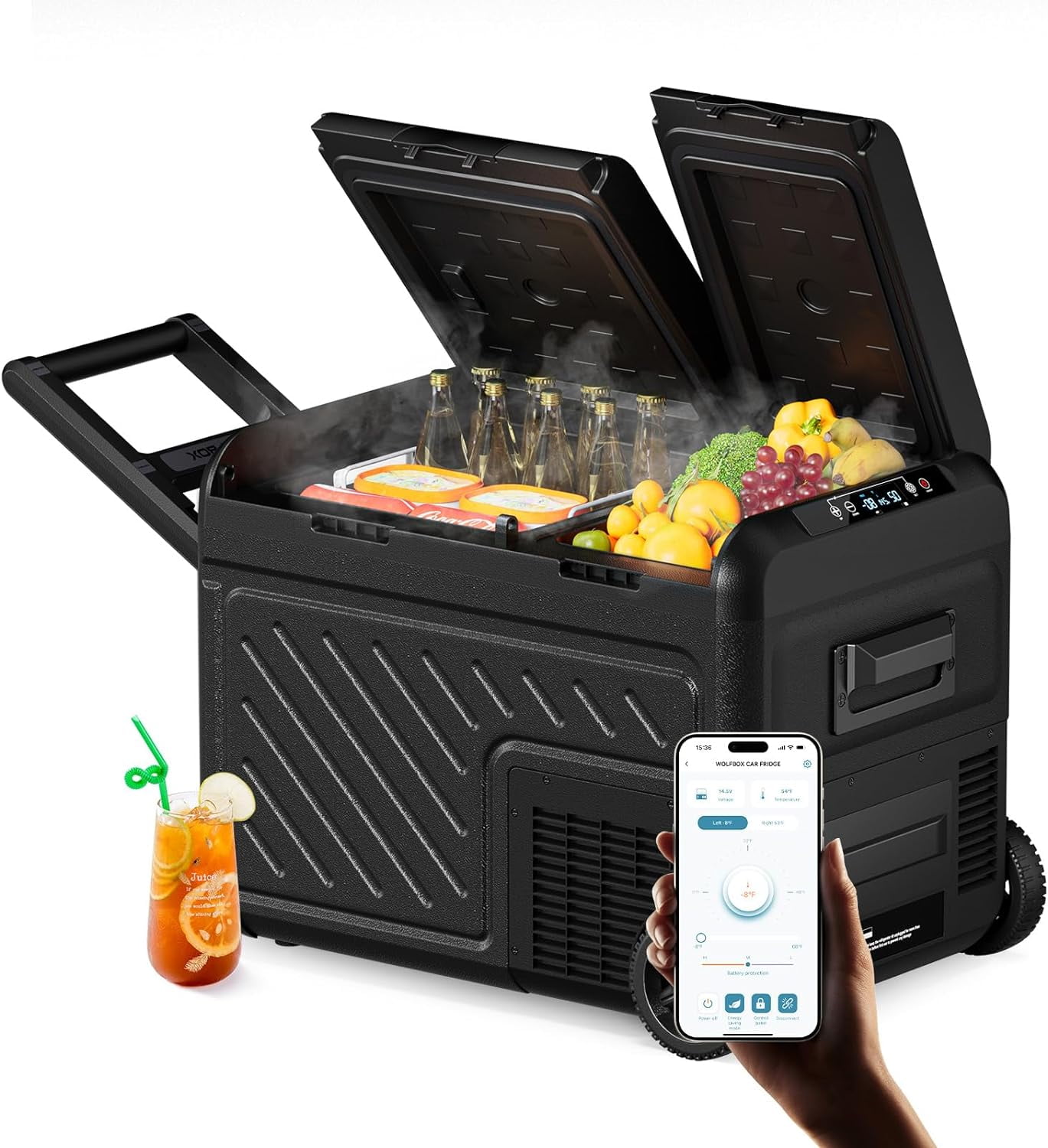 WOLFBOX 12V Car Refrigerator, 39 Quart Dual Zone Car Fridge, Portable Freezer(-8~68) with 12/24V DC 100/240V AC, APP Control Electric Cooler for Car, RV, Camping, Travel and Home Use