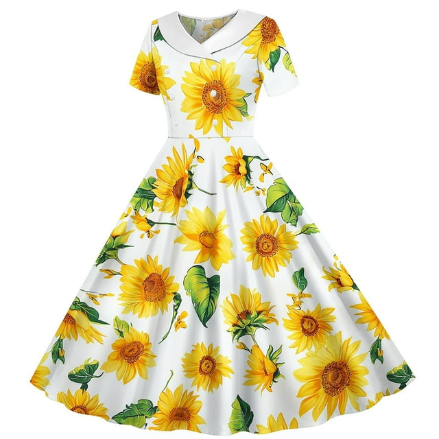 Zpanxa Robes d'Été pour Filles Imprimé Dégradé Manches Courtes Col Rabattu Taille Bouton Robe de Danse Polyester Spandex Jaune 7 Ans