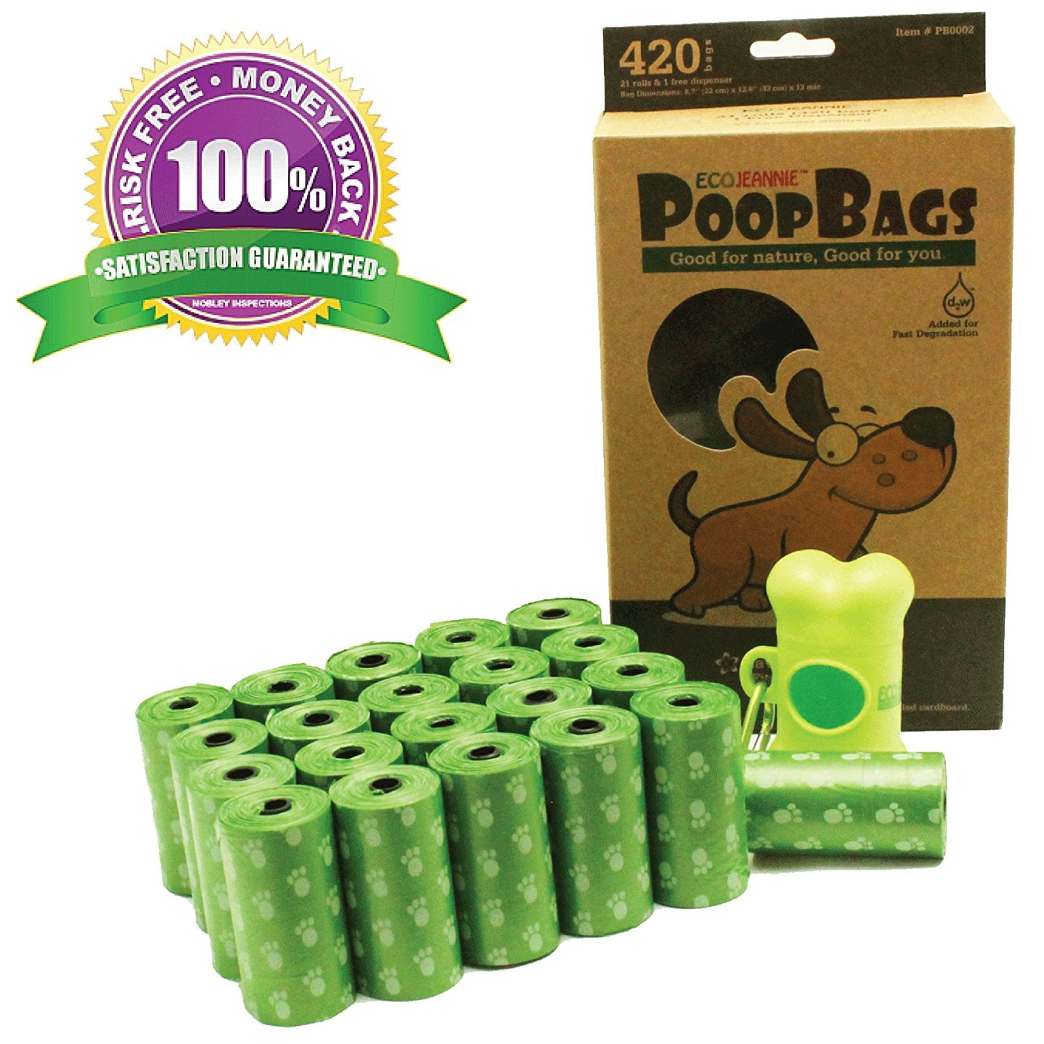 EcoJeannie®Biodegradable Poop Bags , 420Count w/ Poop Bag Dispenser