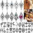thumbnail image 1 of TASROI 32 hojas de tatuajes temporales de loto negro sexy para mujeres niñas indio tribal encaje tatuaje pegatina cuello mandala flor mariposa rosa tatuaje temporal atrapasueños elefante henna tatuaje, 1 of 4